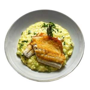 Risotto de Robalo com Espargos em Molho de Champanhe e Açafrão
