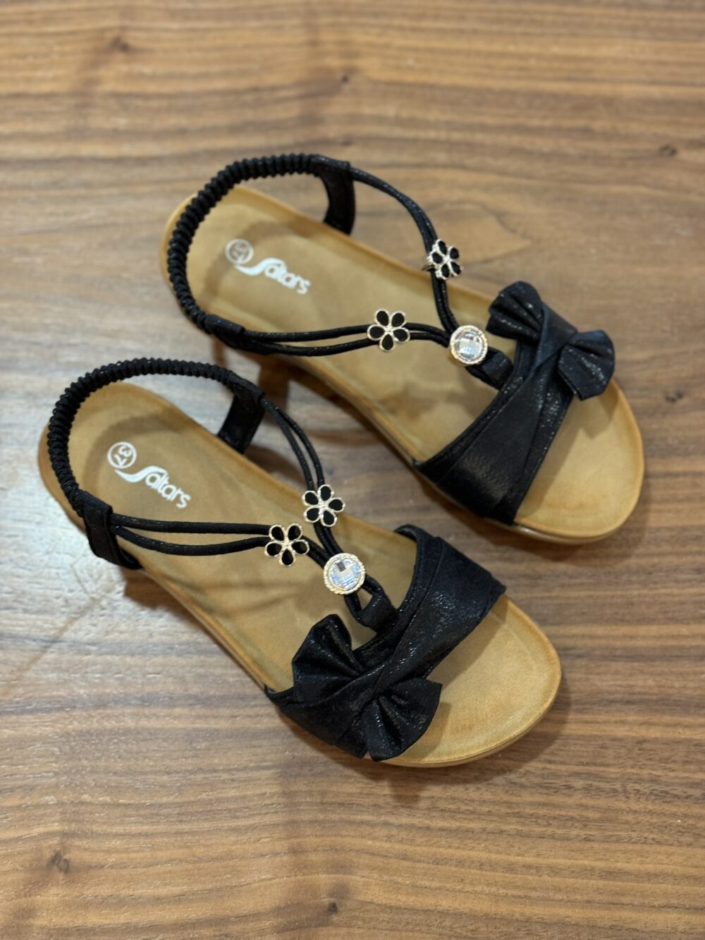 Women’s Black Sandal with Bow & Floral Details