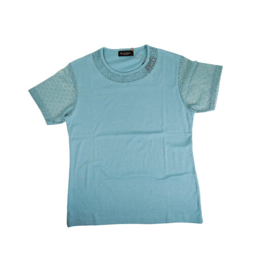 t-shirt quimoda azul agua com renda